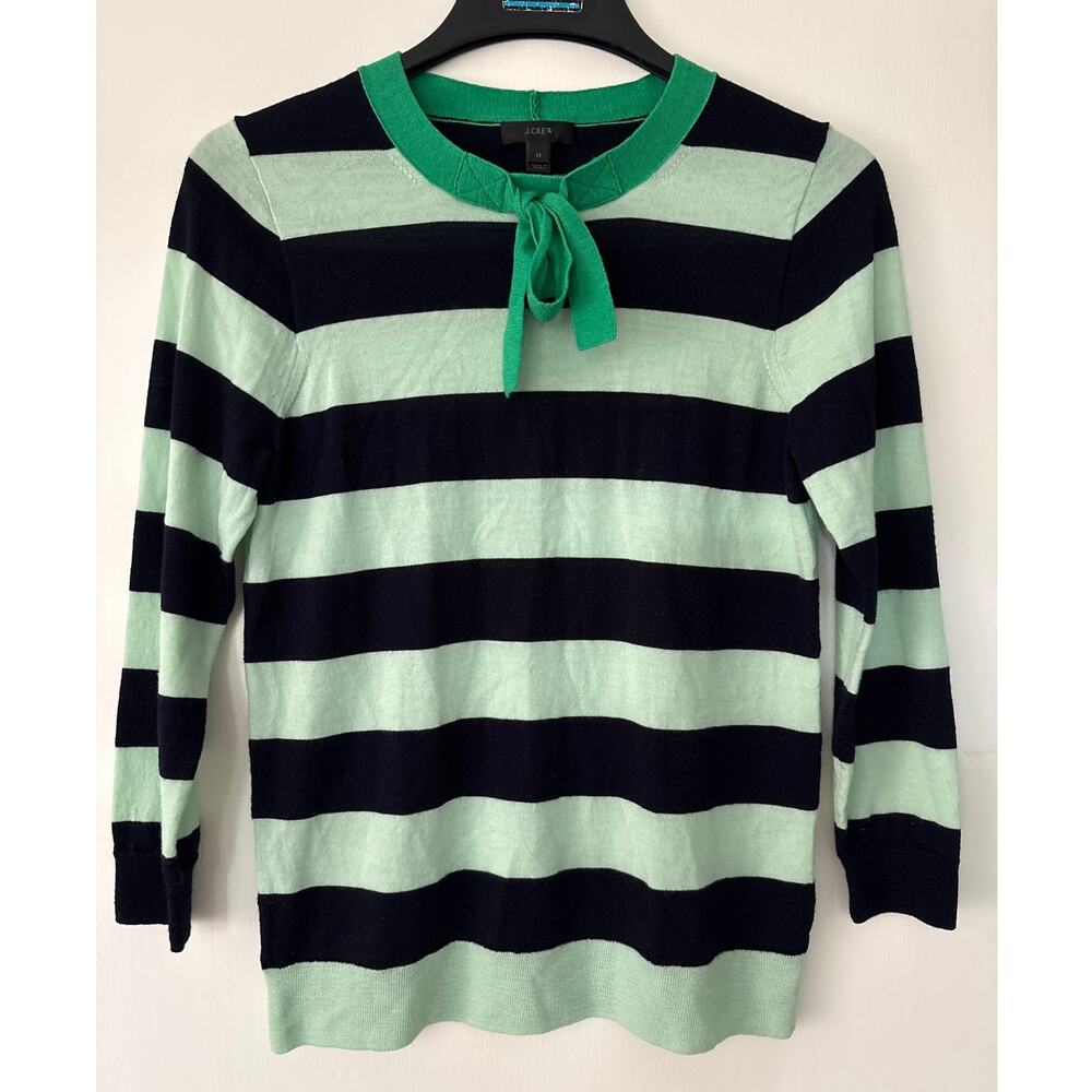J Crew Tippi Tie Neck Merino Wool Striped Cozy Sweater Size M Casual Preppy Top